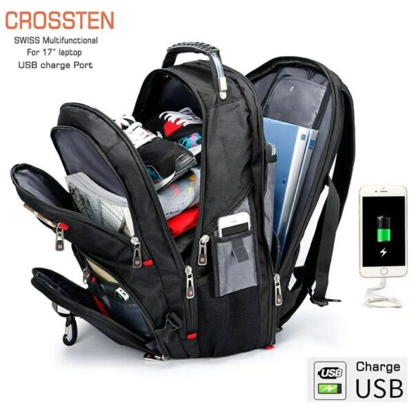 Crossten Durable 17 Inch Laptop Backpack,45L Travel Bag,College Bookbag,USB Charging Port,Water Resistant,Swiss-Multifunctional