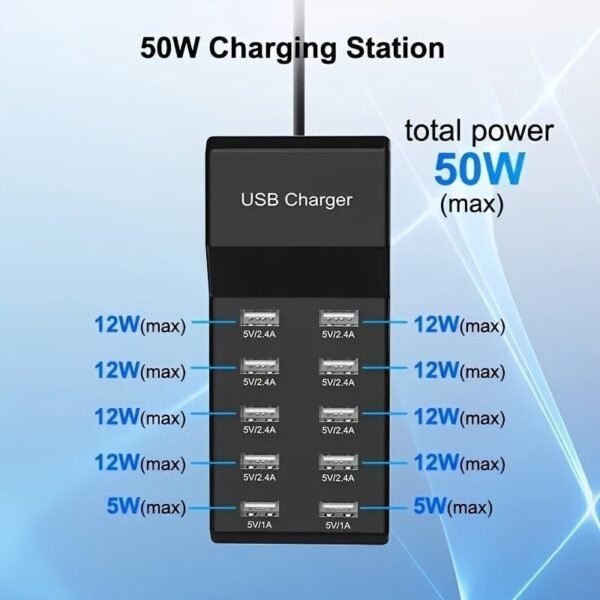 50W10 Port USB Mobile Phone Charger 5V2.4A Multi-port USB Charging Stake Charging Station Compatible With Android Apple System Various Models Of Mobile Phones. Tablets. Earphones. Smart Watches. Bracelet Charging - Image 2